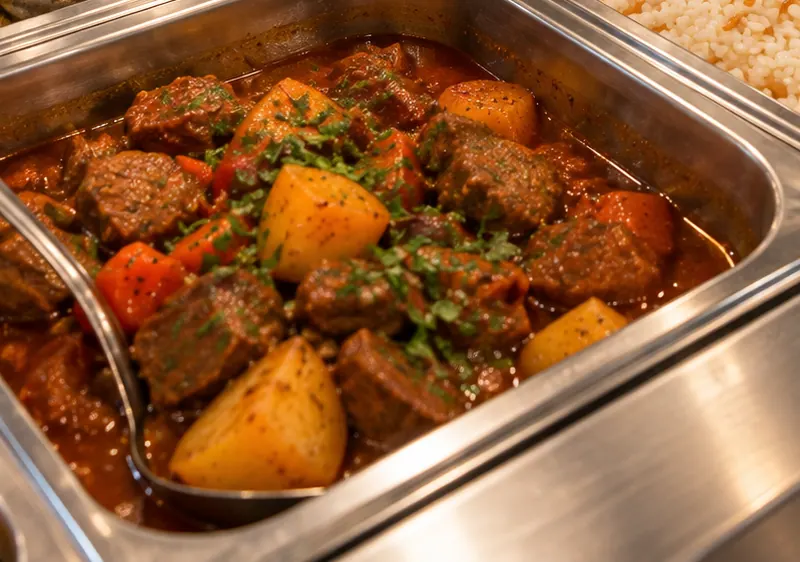 Patatesli ve biberli etli sulu yemek, üzerinde taze maydanoz