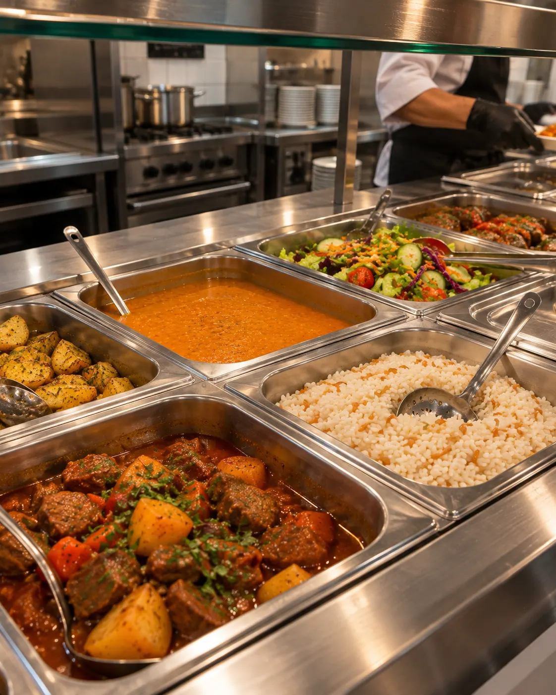Şefin Mutfağı servis hattında etli sulu yemek, pilav, çorba ve salata